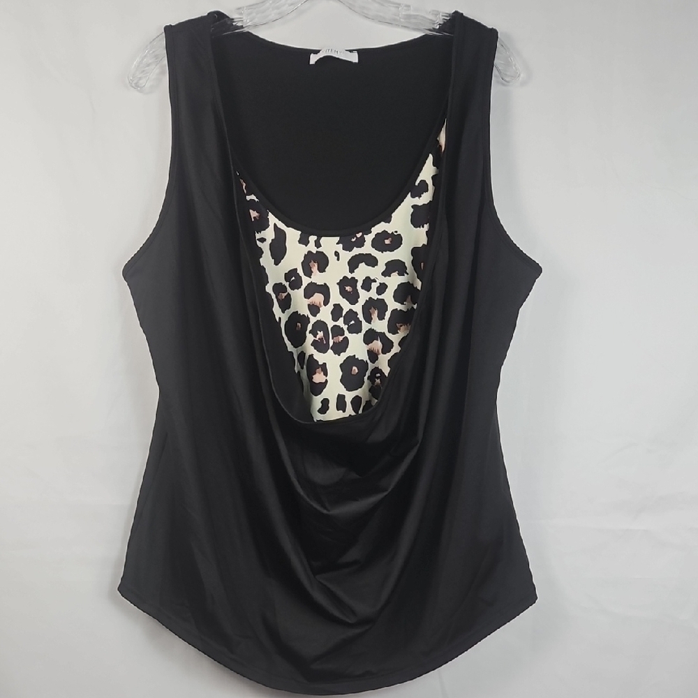Women's 2X Cream Leopard Print Tank Top with Black Overlay Scoop Neckline T4